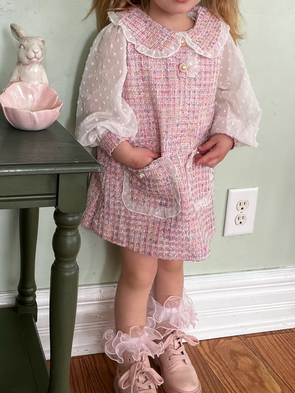 Pink Tweed Girls Dress with Sheer Dotted Collar & Pearl Accent
